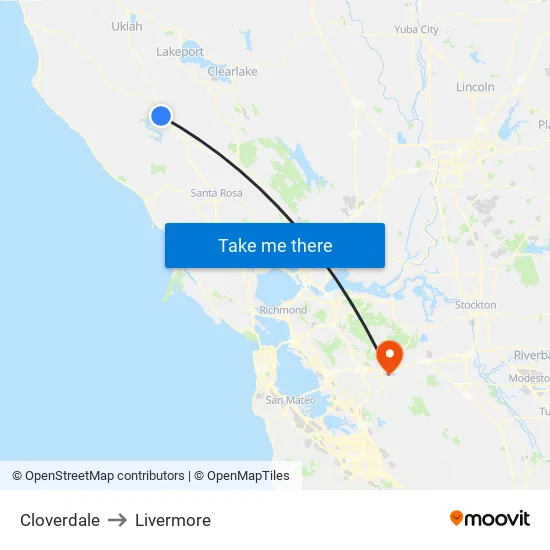 Cloverdale to Livermore map
