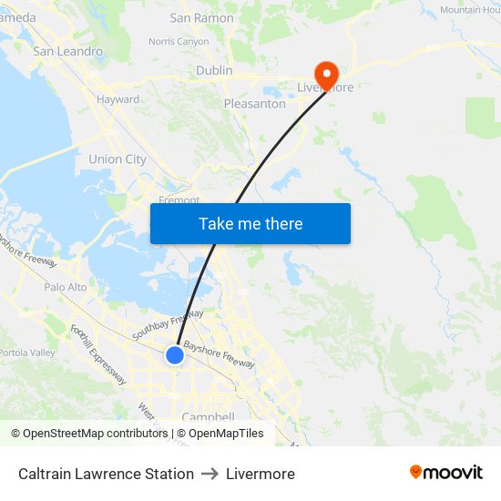 Caltrain Lawrence Station to Livermore map