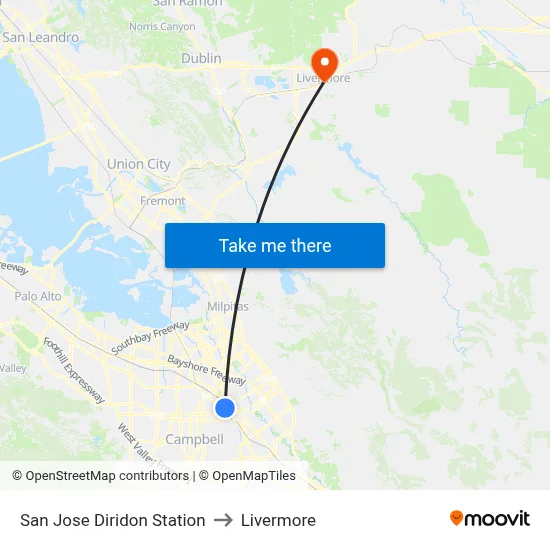 San Jose Diridon Station to Livermore map