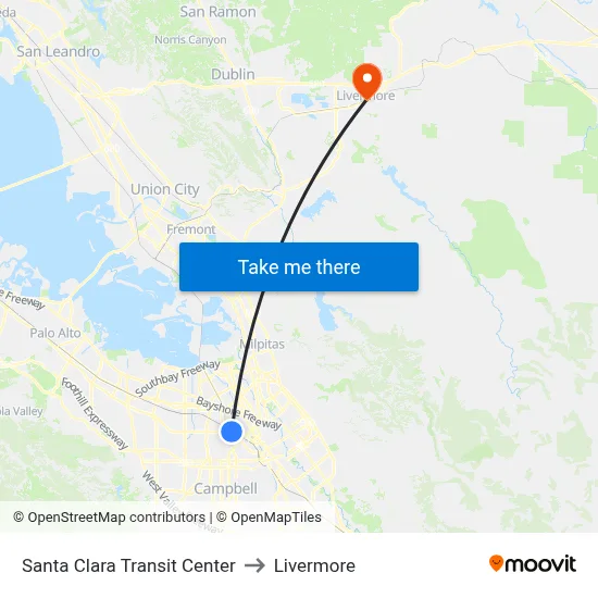 Santa Clara Transit Center to Livermore map