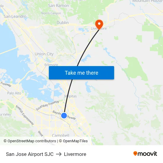 San Jose Airport SJC to Livermore map