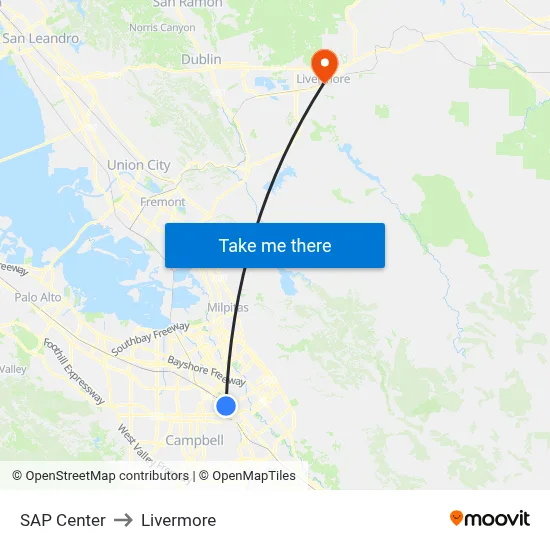 SAP Center to Livermore map