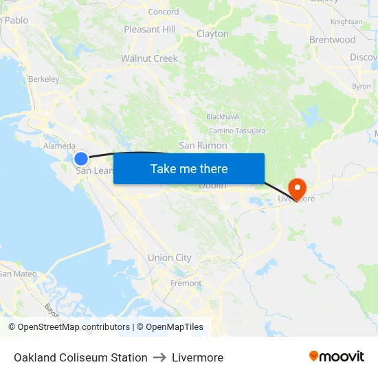 Oakland Coliseum Station to Livermore map