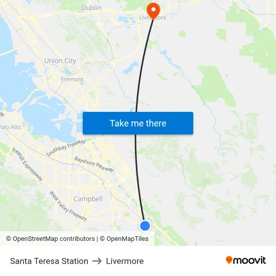 Santa Teresa Station to Livermore map