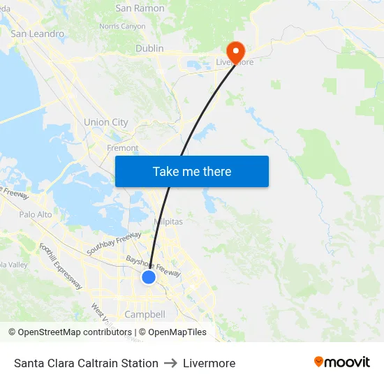 Santa Clara Caltrain Station to Livermore map