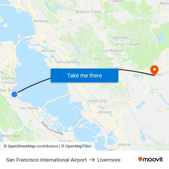 San Francisco International Airport to Livermore map
