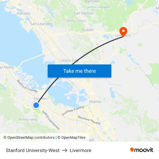 Stanford University-West to Livermore map
