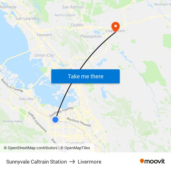 Sunnyvale Caltrain Station to Livermore map