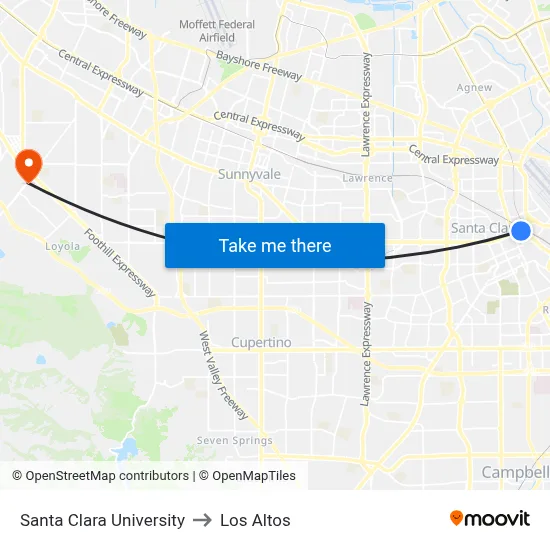 Santa Clara University to Los Altos map