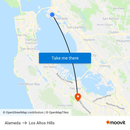 Alameda to Los Altos Hills map