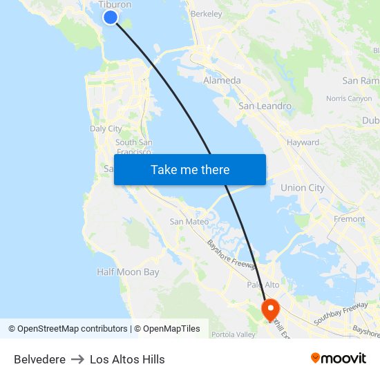 Belvedere to Los Altos Hills map