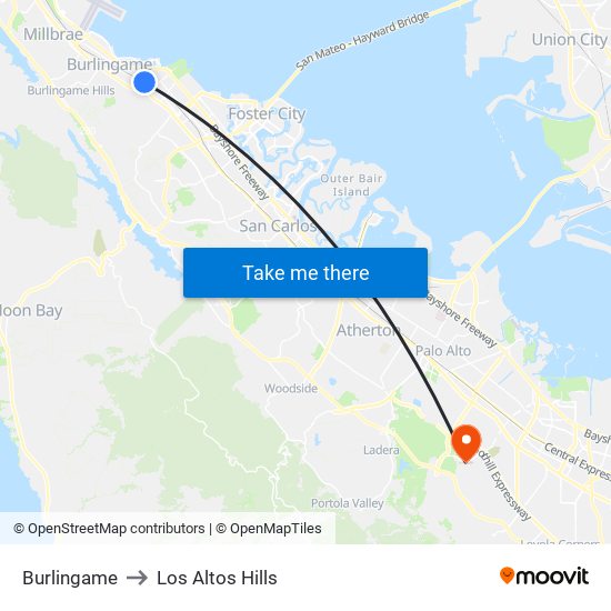 Burlingame to Los Altos Hills map