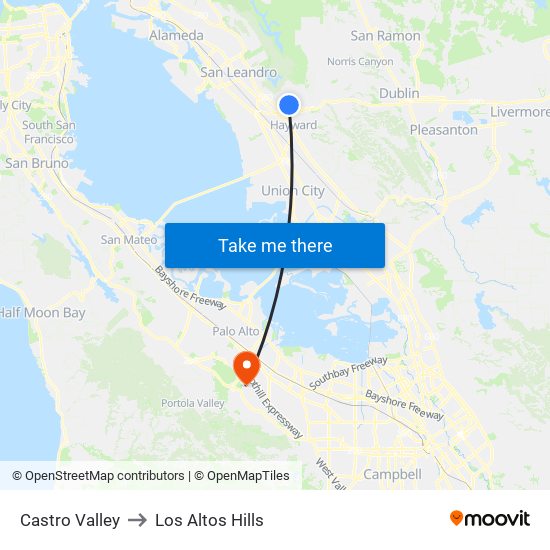 Castro Valley to Los Altos Hills map