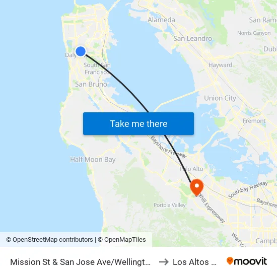 Mission St & San Jose Ave/Wellington Ave to Los Altos Hills map