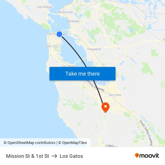 Mission St & 1st St to Los Gatos map