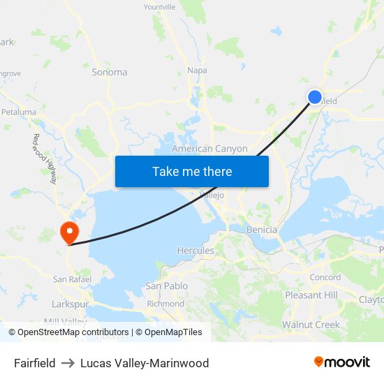 Fairfield to Lucas Valley-Marinwood map