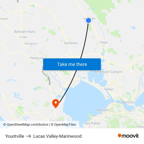 Yountville to Lucas Valley-Marinwood map