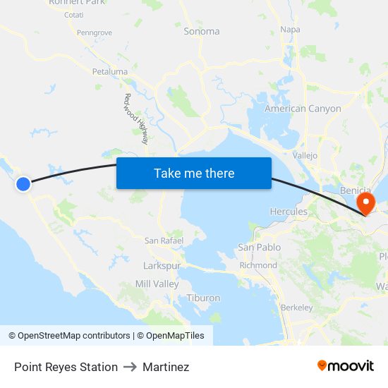 Point Reyes Station to Martinez map