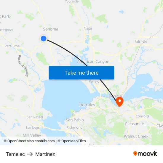 Temelec to Martinez map