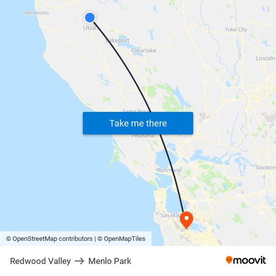 Redwood Valley to Menlo Park map