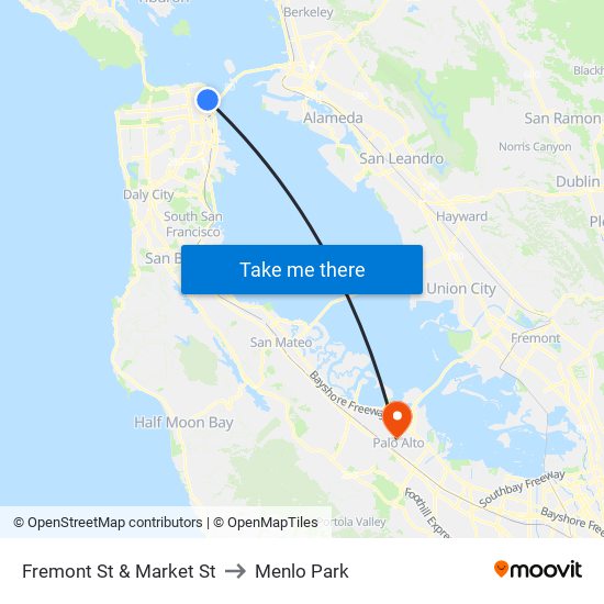 Fremont St & Market St to Menlo Park map