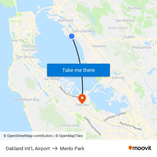 Oakland Int'L Airport to Menlo Park map