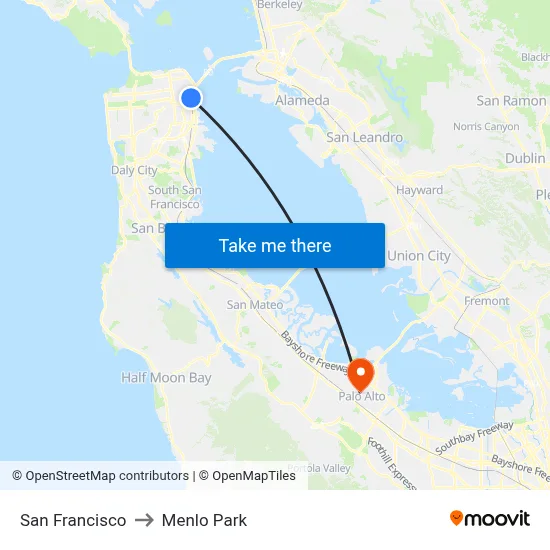 San Francisco to Menlo Park map
