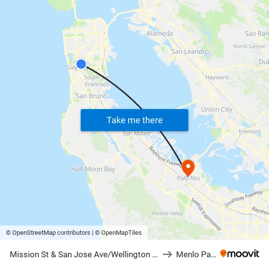 Mission St & San Jose Ave/Wellington Ave to Menlo Park map