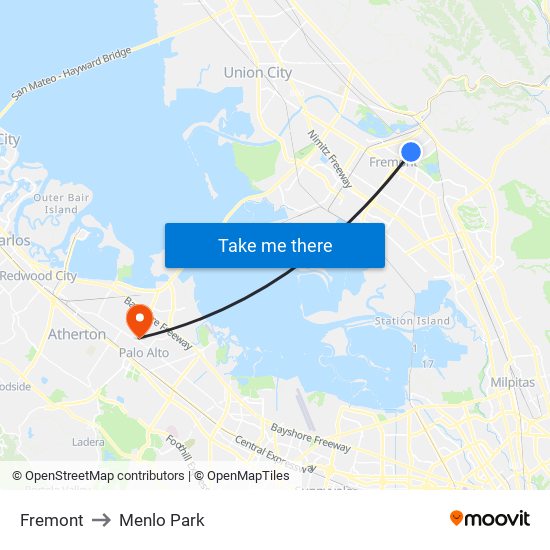 Fremont to Menlo Park map