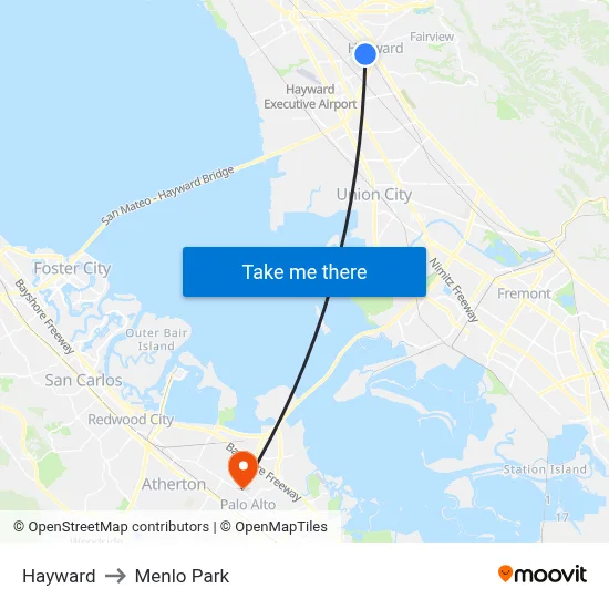 Hayward to Menlo Park map