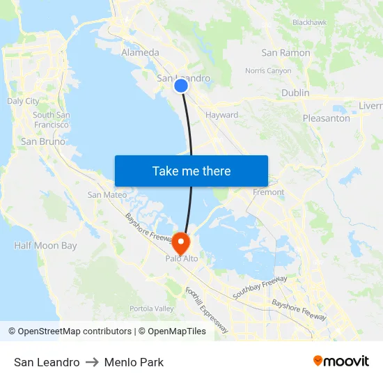 San Leandro to Menlo Park map