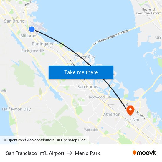 San Francisco Int'L Airport to Menlo Park map