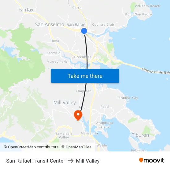San Rafael Transit Center to Mill Valley map