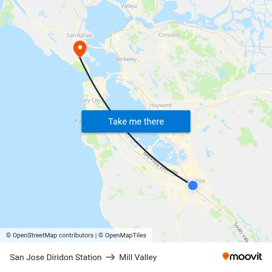 San Jose Diridon Station to Mill Valley map