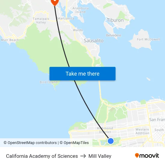 California Academy of Sciences to Mill Valley map