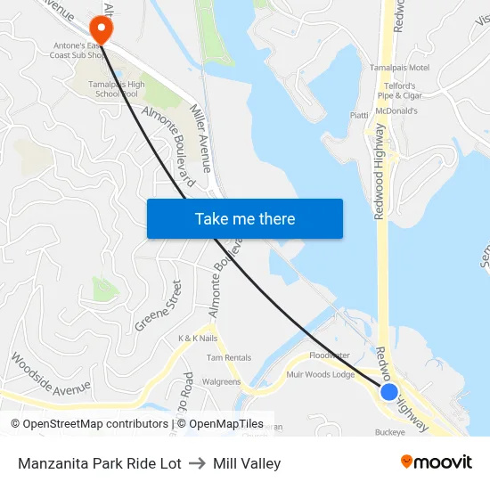 Manzanita Park Ride Lot to Mill Valley map