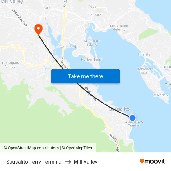 Sausalito Ferry Terminal to Mill Valley map