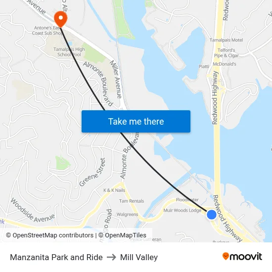 Manzanita Park and Ride to Mill Valley map