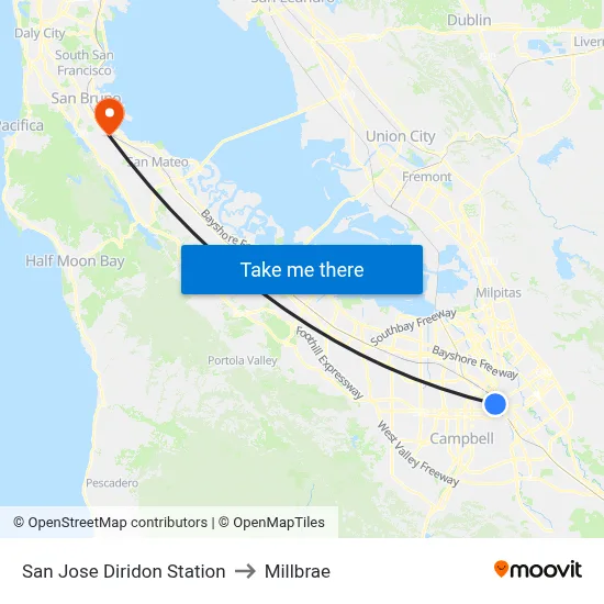 San Jose Diridon Station to Millbrae map