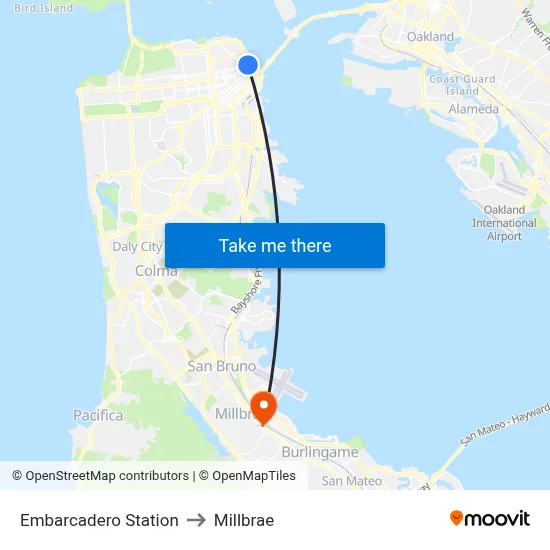 Embarcadero Station to Millbrae map