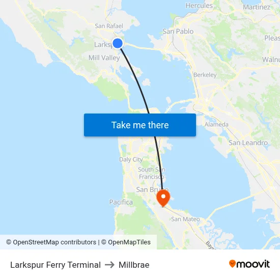 Larkspur Ferry Terminal to Millbrae map
