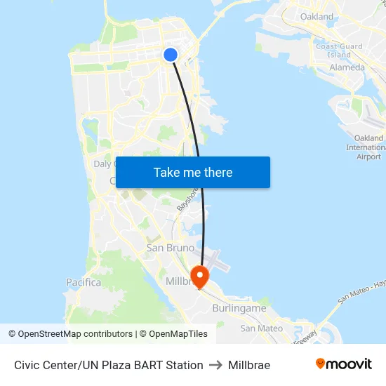 Civic Center/UN Plaza BART Station to Millbrae map