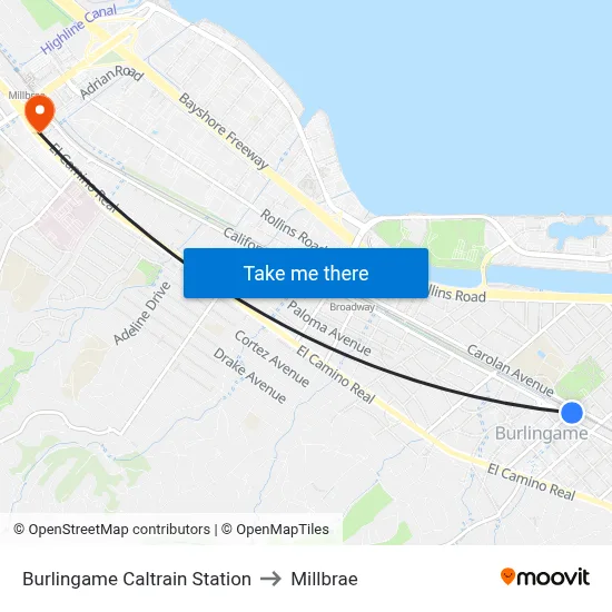 Burlingame Caltrain Station to Millbrae map