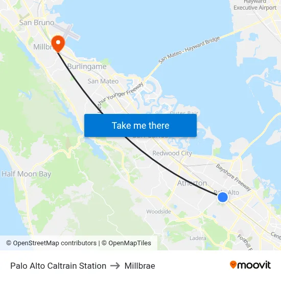 Palo Alto Caltrain Station to Millbrae map
