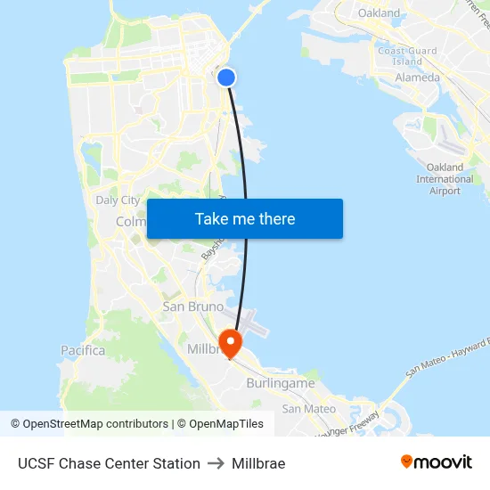 UCSF Chase Center Station to Millbrae map
