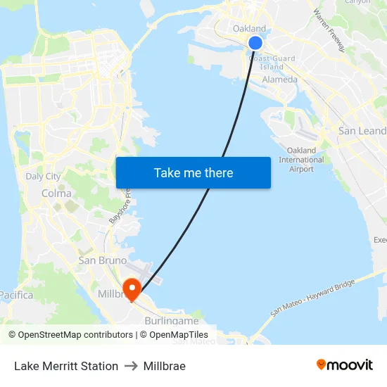 Lake Merritt Station to Millbrae map