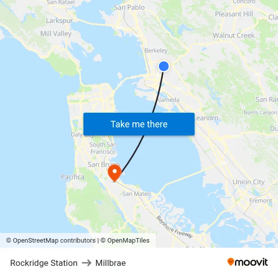 Rockridge Station to Millbrae map