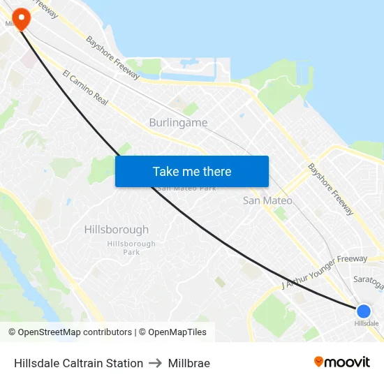 Hillsdale Caltrain Station to Millbrae map
