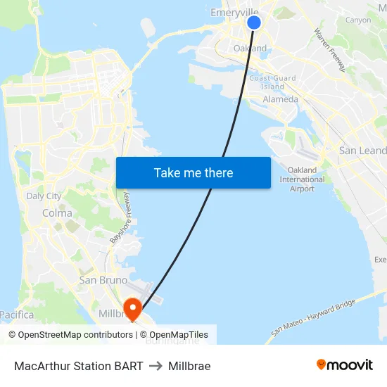 MacArthur Station BART to Millbrae map