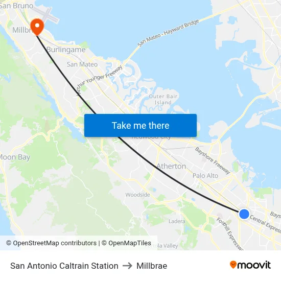 San Antonio Caltrain Station to Millbrae map